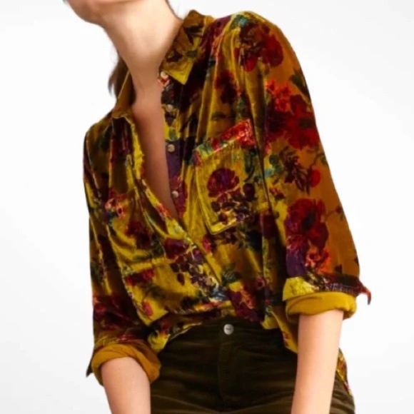 PILCRO ANTHROPOLOGIE FLORAL VELVET BUTTON DOWN SHIRT Size Small - Picture 1 of 7